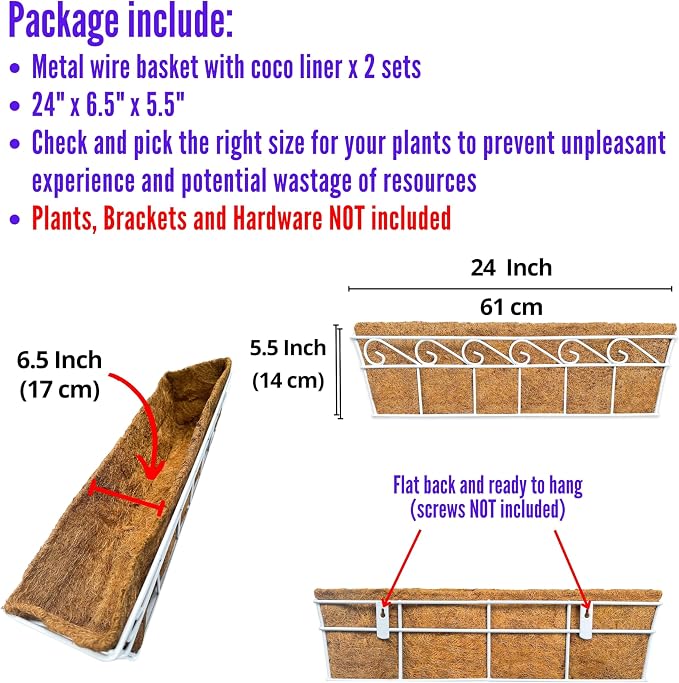 LaLaGreen Wall Mounted Planters - 24 Inch, 2 Pack White Window Flower Boxes Basket Outdoor, Balcony Planter Over the Rail, Deck Railing Hanging with Coco Liners, Metal Horse Troughs Fence Patio Porch