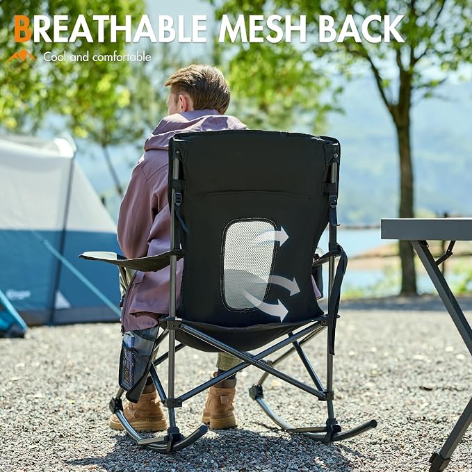 Portal Outdoor Rocking Chair Camping Folding Portable Rocker with Cup Holder Side Pocket Carry Bag, Support 350LBS (Mesh Black)