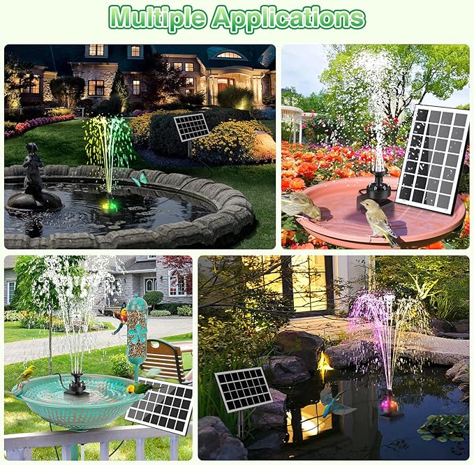 Jutai Solar Fountain Kit Colorful Lights,3.5W Glass Panel Solar Water Pump with 2000mAH Battery, Sucker & Stake for Bird Bath, Garden, Outdoor, Water Feature-16.4ft Power Cord,7 Nozzles