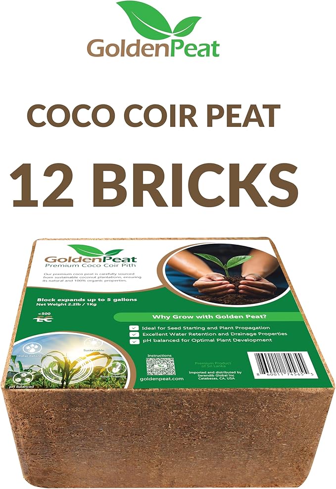 Organic coco pith block (12x1 kg Blocks) - Low EC, sustainable growing medium for gardens, pots & seed starters. Just add water to transform these compact blocks into 170L of fluffy nutrient-rich coir