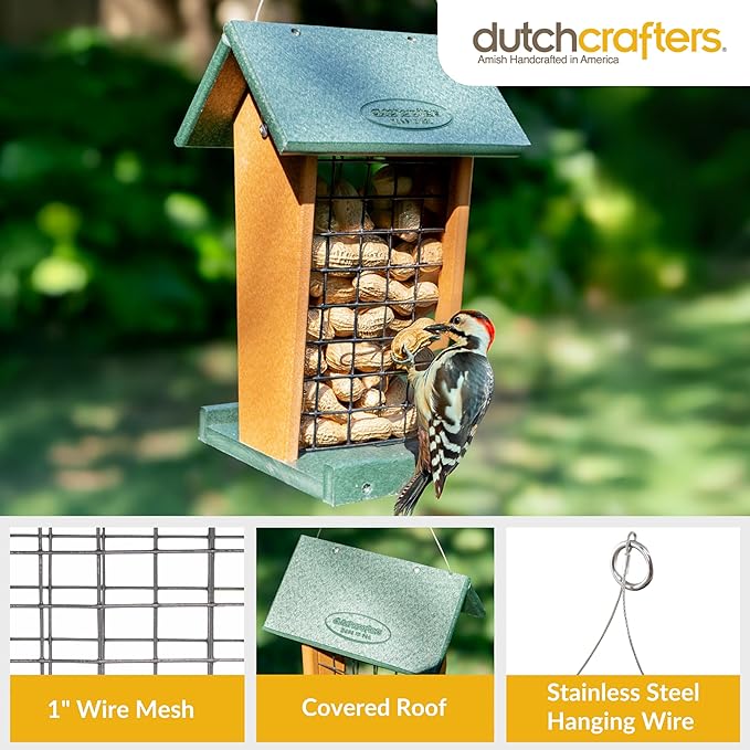 DutchCrafters Plastic Poly Hanging Whole Peanut Bird Feeder for Large Birds, Woodpeckers, Blue Jays for Outdoor, Garden, Yard - USA Amish Made (Black & Weatherwood)