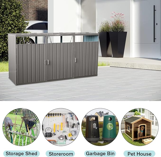 94.48" Metal Garbage Bin Shed Stores with Ventilated and Lockable,Patio Furniture 3 Trash Cans Outdoor Sheds w/Rust-Proof & Scratch- Resistant,for Garden Yard Lawn,Grey