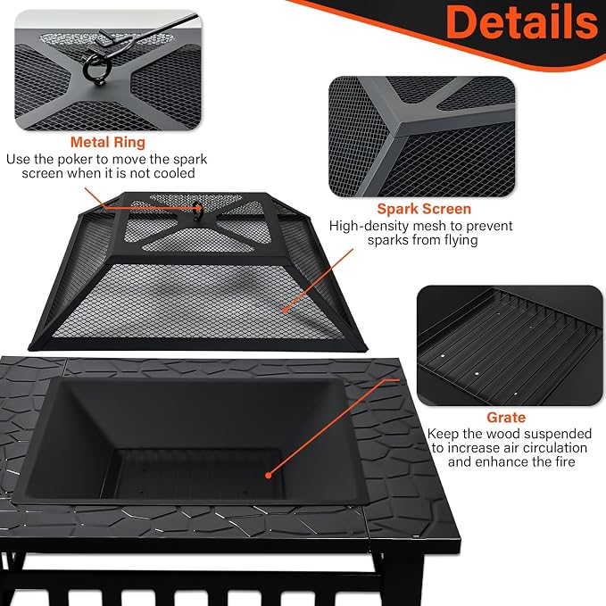 32 Inch Fire Pit Table with Fire Poker & Spark Screen, Outdoor Burning Fire Pits, 3 in 1 Metal Square Firepit Stove for Outside Heating, Bonfire Party, Camping, Patio, Garden