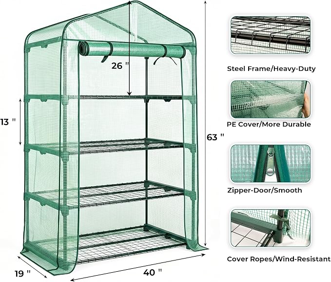 Worth Garden 50% Extra Wide Mini Greenhouse 4 Tier Portable Plant Green House 40in Wide -Sturdy Gardening Shelves with PE Cover & Roll-Up Zipper Door - Indoor & Outdoor Use - 19″W. x 40″L. x63″H.