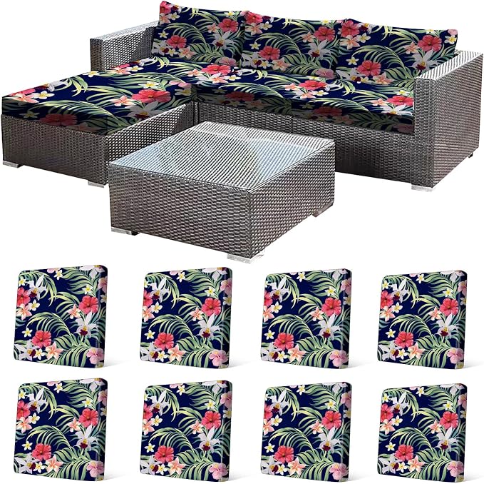 CALBODE 8 Pcs Stretch Outdoor Seat Cushion Covers, Washable Chair Seat Cover for Patio Furniture Cushions Soft Indoor and Outdoor Couch Cover Replacement (Tropical Floral,Black, Cover Only)