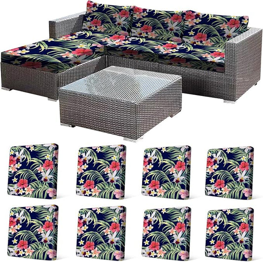 CALBODE 8 Pcs Stretch Outdoor Seat Cushion Covers, Washable Chair Seat Cover for Patio Furniture Cushions Soft Indoor and Outdoor Couch Cover Replacement (Tropical Floral,Black, Cover Only)