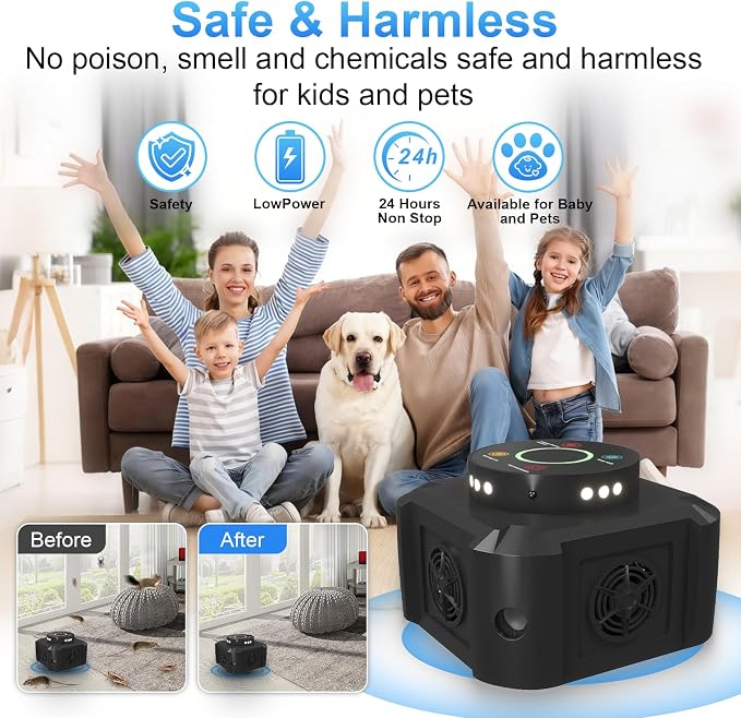 Ultrasonic Mouse Repeller & Pest Repellent with 12 Strobe Lights, 4 Frequency Modes – Indoor Plug-in Rodent Control for Home, Garage, Attic, Electronic Mice Deterrent Devices, Black