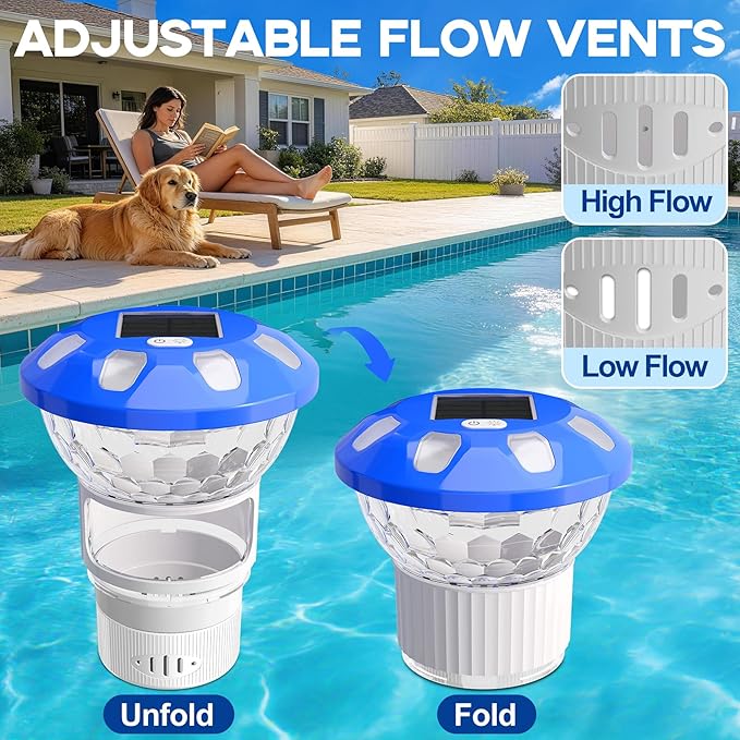AquClor Chlorine Floater with Light,Pool Chlorine Floater with Adjustable Flow,Solar Chlorine Floater w/Large Capacity,Collapsible Floating Chlorine Dispenser for Pool,Hot Tub Chlorine Floater,White