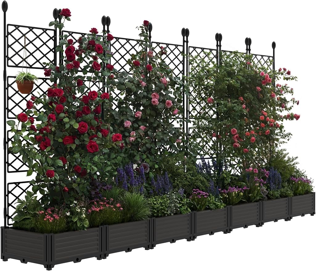 7 PCS Raised Garden Bed with Trellis & Privacy Screen, 116" w x 63" Tall Vertical Garden Planter Box for Climbing Plants - Sturdy Lightweight Outdoor Planter for Vegetables, Flowers on Patio, Balcony