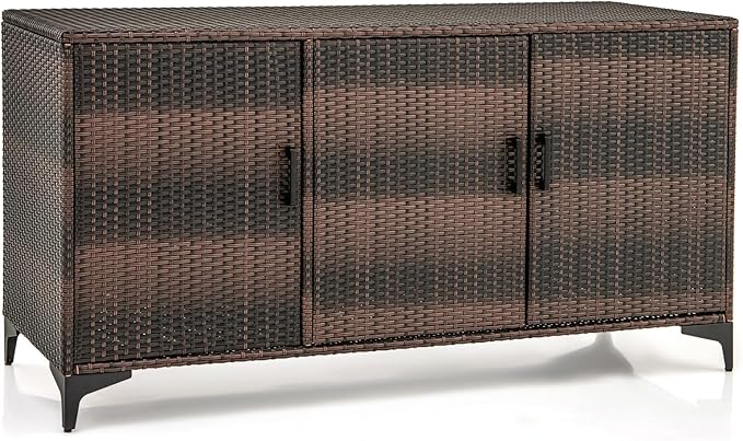 Giantex 84-Gallon Wicker Deck Box - Patio Storage Cabinet, 3-Door PE Rattan Storage Container with Removable Shelves, Indoor & Outdoor Package Box for Porch, Patio Furniture Cushions Tools (Brown)