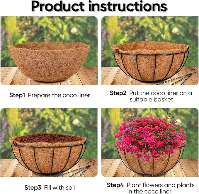 HKZ Hanging Basket Planter Plants Outdoor - 4 Pack 12 Inch Metal Hanging Planter with Coco Liners, Chain Hook Hanging Flower Pots for Indoor Outdoor Garden Porch Decoration