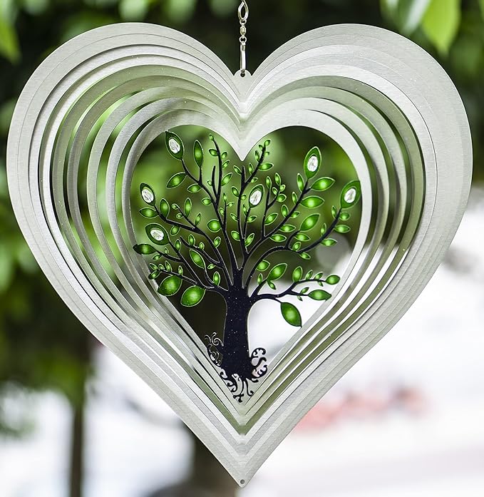 ISEO XL Silver Heart 15” Wind Spinner for Yard and Garden with Crystals, Hanging Outdoor Decor, Yard Art, Porch and Patio Decorations, Metal Wind Spinners Outdoor, Weather Resistant,