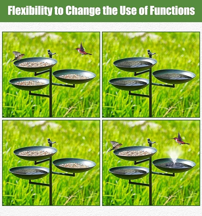 44" H Bird Bath and Feeder for Outside, 3 in 1 Free Standing Metal Birdbaths for Outdoors, with Cast Iron Bird 4-Prong Stake Base for Outdoors Yard Garden Patio, Green