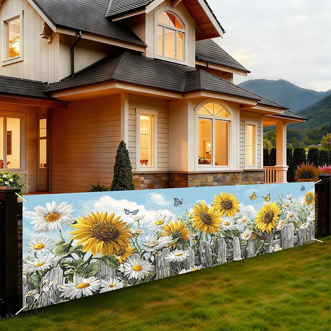 Sunflower Spring Fence Banner 118 x 35 Inch, Large Waterproof Outdoor Floral Banner with Sunflowers, Daisies & Butterflies for Yard Garden Porch Fence Decorations