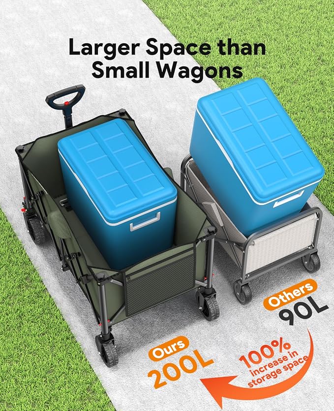 Raynesys Collapsible Foldable Wagons, 440lbs Weight Capacity Beach Wagon with All-Terrain Wheels, Heavy Duty Foldable Wagon, Utility Wagons Carts with Brakes for Camping,Sports,Shopping,Grocery, Green