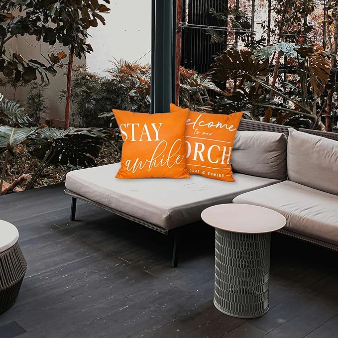 TAJWE Outdoor Pillow Covers Waterproof 18x18 Set of 2 Orange Decorative Fall Autumn Thanksgiving Pillowcases Welcome to Our Porch Stay Awhile Cushion Cases for Patio Furniture Sofa Couch Decor