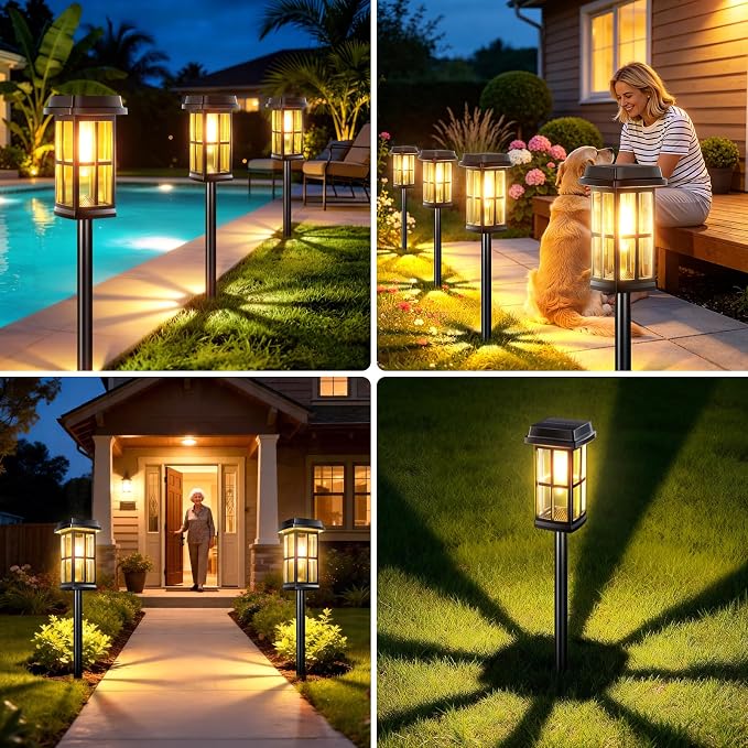 Garpar Solar Pathway Lights Outdoor 4 Pack, Window-Style with Metal Pole | 3500K Warm White, 2 Lighting Modes, Up to 18hrs Runtime, IP65 Waterproof, Ideal for Yard, Walkway, Driveway, Patio