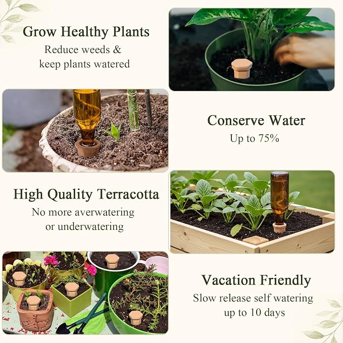 12 Pack Terracotta Watering Spikes with Lids Plant Watering Spikes Automatic Plant Waterer Devices Outdoor Indoor Vacation Friendly Slow Release Self Waterer Planter Insert(Large)
