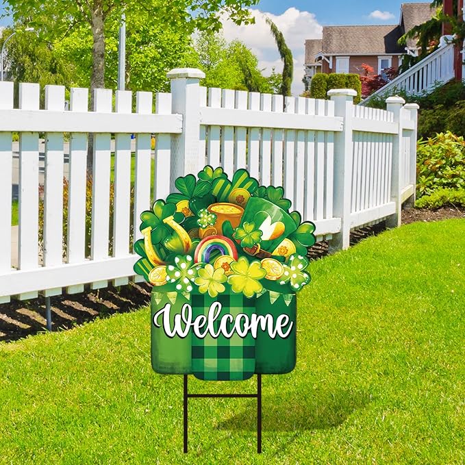 JarThenaAMCS St. Patrick' s Day Metal Garden Stake Welcome Yard Sign Watercolor Green Clover Shamrock Vase Decorative Lawn Sign for Irish Holiday Home Outside Lawn Porch Walkway