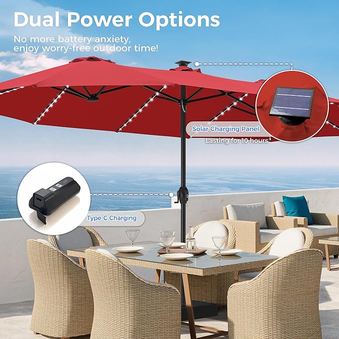 SUPERJARE 15ft Large Patio Umbrella with Base included, Double Sided Outdoor Umbrella with Solar Lights, Pool Umbrella with Fade Resistant Canopy for Deck, Porch, Yard, Balcony, Burgundy