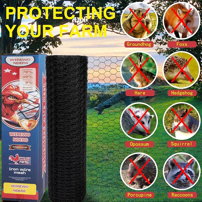 Black 19GA Chicken Wire 12inx150ft, Chicken Wire Fencing, Garden Fence, Metal Poultry Wire Netting, Galvanized PVC Coated Mesh for Animal/Rabbit/Floral/Chicken Coop/DIY Projects.