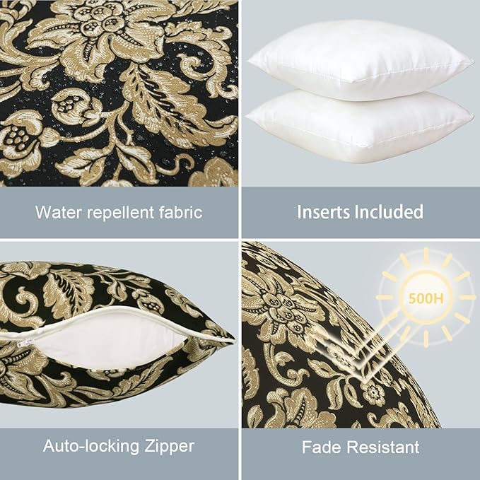 LVTXIII Outdoor Throw Pillows 18x18 Patio Waterproof Square Pillows with Piping Fade Resistant Accent Pillow for Spring Summer Garden Decoration, Set of 2, Jacobean Black