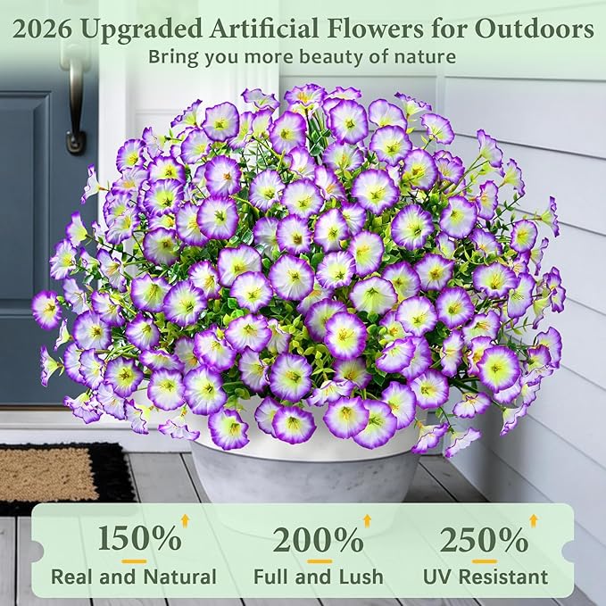 Yastouay Artificial Flowers for Outdoors, 14 Bundles Fake Outdoor Flowers, UV Resistant Artificial Plants & Flowers for Decoration, Purple/White Realistic Morning Glory for Outdoor Porch Garden