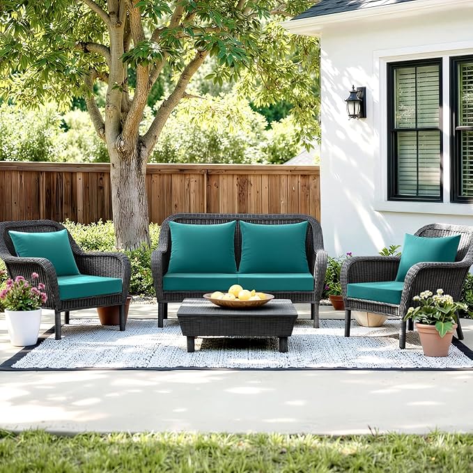 MIULEE Turquoise Outdoor Seat Cushion Set 22x22 Inch Linen Textured Waterproof & 3 Year Color Fastness Seat and Back Cushion with Ties No Slip Design for Patio Furniture Chair Sofa Couch
