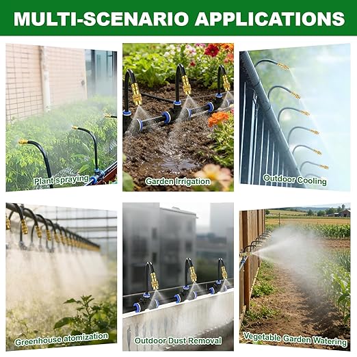 Drip Irrigation System, 50FT 1/4" Garden Watering for Outdoor Plants & Raised Beds, 15pcs Upgraded Brass Nozzles 360° Adjustable Misting Kit, UV-Resistant Tubing for Greenhouse, Lawn & Patio Cooling