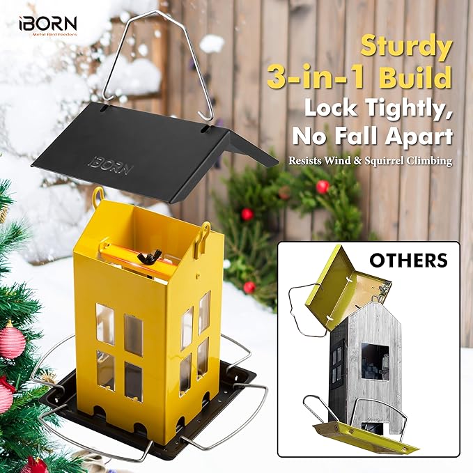 iBorn Bird Feeder House, Metal Bird Feeders for Outdoors Hanging,Double-Sided Metal Hanger & Weatherproof, Easy to Clean & Refill, 1.5 Lbs Capacity, Yellow
