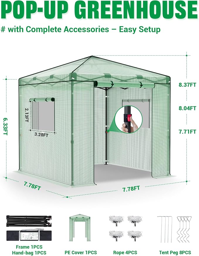 Acepic 8x8 Instant Pop up Greenhouses, Indoor Outdoor Portable Greenhouse Walk-in for All Season, Small Green House with Roll-Up Zipper Doors and Side Windows, 4 Sandbags, Pe Cover, Green/Clear