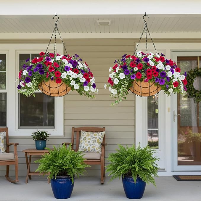 4 Pack 14 Inch Hanging Baskets for Plants Outdoor Metal Hanging Planter Basket with Coco Coir Liner Hanging Flower Baskets Hanging Flower Pots Holder for Garden, Patio(Earth)