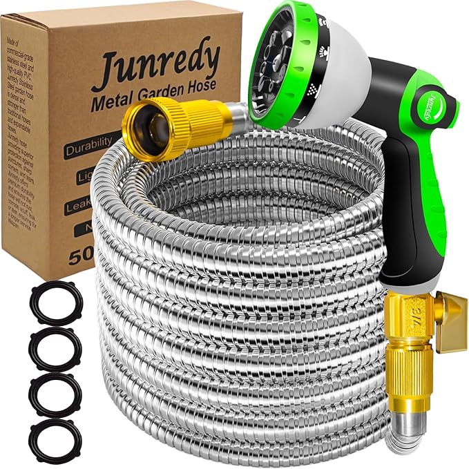 Junredy 50FT Garden Hose Stainless Steel, Heavy Duty Flexible Metal Water Hose with 10-Function Nozzle, Lightweight & No-Kink Garden Hose, Durable Solid Fittings for Lawn, Car, RV, Outdoor Watering