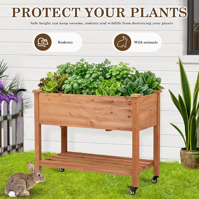 Raised Garden Bed with Lockable Wheels, 40x24x32 inch Elevated Wood Planter with Storage Shelf Protective Liner for Vegetable Flower Herb Outdoor Balcony Patio Backyard, Brown