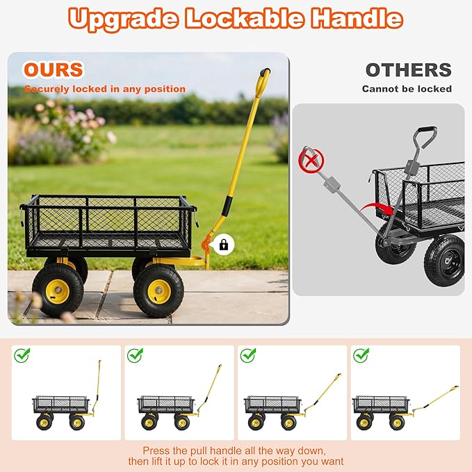 DIAMONDFORGE 500lbs Heavy Duty Garden Cart, Steel Garden Wagon Cart with Fixedable Rotating Handle for Backyard, Utility Yard Wagon with 10" All Terrain Tires, Mesh Removable Sides