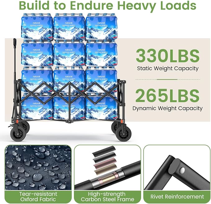 Collapsible Wagon Cart, 330LBS Heavy Duty Folding Cart with Wheels 360° Rotation, Built-in Brakes, Flexible Handle, Portable Utility Wagon for Grocery Sports Garden Shopping Camping, Blue