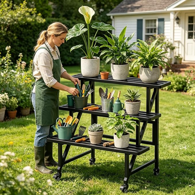 Metal Plant Stand with Wheels, 3-Tier Plant Rack,35.43" Wide Indoor Outdoor Flower Pot Rack, Black, 230 lb Capacity for Patio, Balcony, Living Room