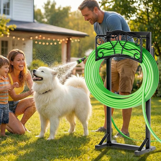 Heavy-Duty Garden Hose Holder with Tool Hooks and Stable Base, XEAPOMS Metal Hose Hanger Garden Hose Storage Holds 160Ft, Rustproof Freestanding Water Hose Holder for Outside, Yard, Lawn, Farm