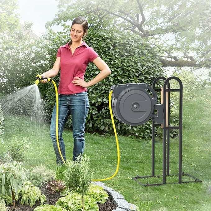 Retractable Hose Reel Stand, No Wall Damaged - Hose Holder, Freestanding Garden Hose Holder for Outside, Fit for Most Garden Hose Reel with Mounting Brackets