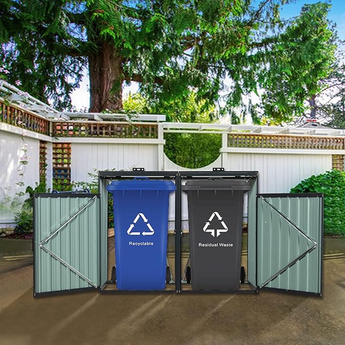 YOPTO Garbage Bin Storage Shed for 2 Trash Cans,Outdoor Trash Can Storage for Patio,Stainless Galvanized Steel Bin Shed,Rust-Proof & Scratch-Resistant Trash Can Hider,for Garden,Yard,Lawn,Black