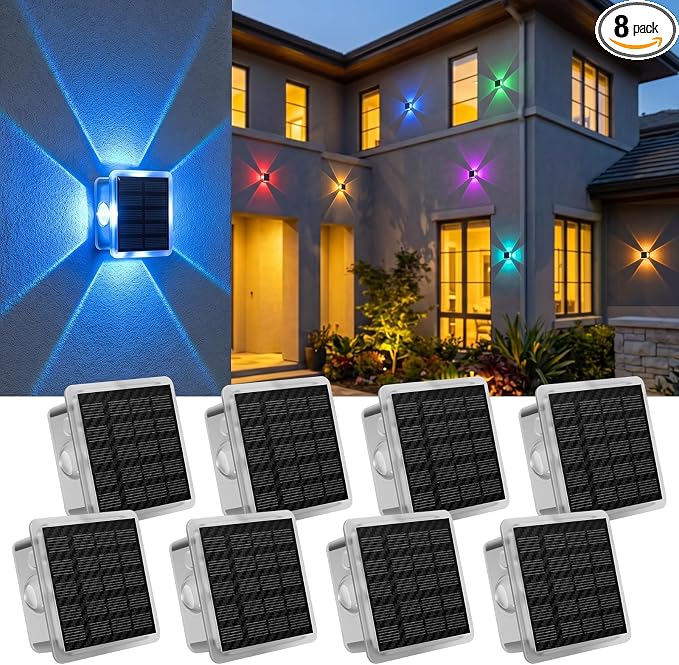AUDLES Solar Lights Outdoor Waterproof, 4-Sided Glow Solar Wall Lights, Warm White & RGB 8 Modes Color Changing Solar Fence Lights for Doorway Patio Deck Backyard-8 Pack