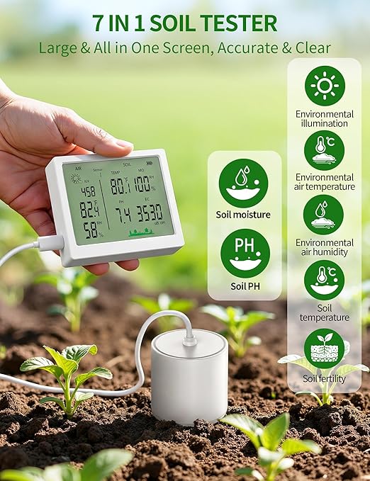 7 in 1 Soil Meter, Digital Soil Test Kit of PH/Sunlight/Fertility/Soil & Air Temp, Humidity Meter for Indoor & Outdoor Plant, Growing Environment Tester with Large LCD Display for Farm, Garden & Lawn