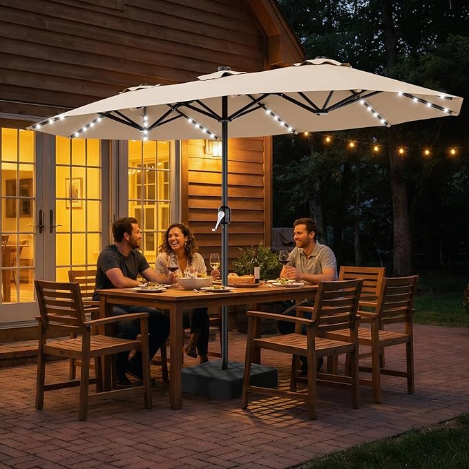 AreShark 13 FT Patio Umbrella with Solar Lights, Double-Sided Outdoor Table Umbrellas with Crank, Large Rectangular Market Umbrella for Porch, Lawn, Pool, Backyard, Beige