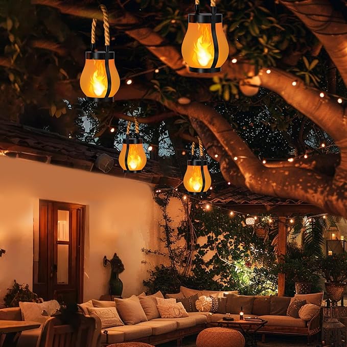 Hompavo Gen2 Solar Lanterns Outdoor with Ultra-Real Flame, Dual Charging (USB/Solar) & 2 Mode - Waterproof Decorative Hanging/Table Lights for Yard Patio Garden Birthday Mothers Day Gifts for Women, 4