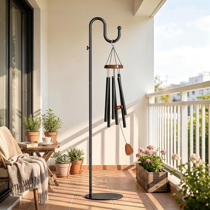 74" Shepherds Hook Stand, Adjustable Wind Chime Stand with Heavy Duty Base, Free Standing Plant Hanger Pole for Bird Feeders, Lanterns, Wreaths & Plants, Indoor Outdoor, Holds Up to 20 LBS, Black