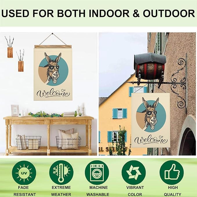 Mugod Funny Donkey House Flags for Outdoor Decoration, Donkey With Sunglasses Happy Wildlife Large Yard Flag Burlap Banner 28 x 40 Double Sided Seasonal Flag Outside