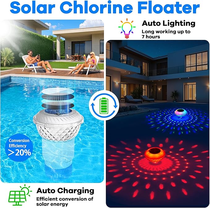LanSuper 2025 Upgrade Pool Chlorine Floater, Chlorine Floaters with Marquee Light, Button Control Floating chlorines Dispenser for Pools,Adjustable Flow Chlorines Floaters,Pools Chlorinator-Blue