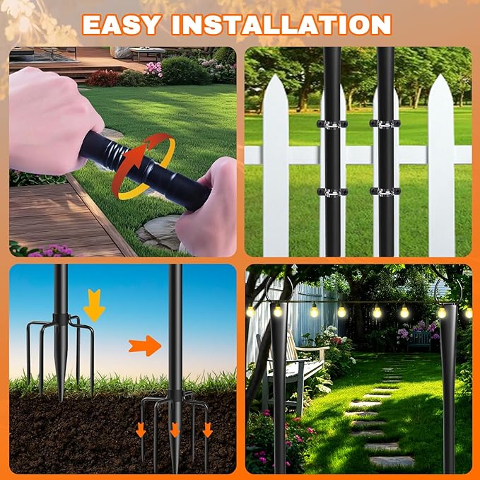 2 Pack 10Ft String Light Poles, Metal Poles with Fork for Outside Lights,Outdoor Metal Light Stand with Fence Brackets Hanging Lights for Garden Patio Wedding Backyard Deck Party