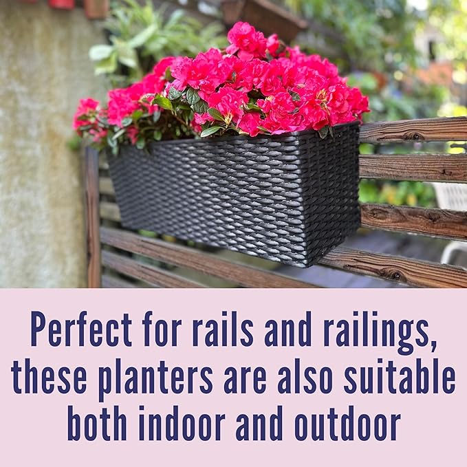 LaLaGreen Deck Railing Planter Box (20 Inch, 4 Pack) Black Rectangular Window Flower Boxes with Bracket, Self Watering System Hanging Planter Box for Outdoor Plant Container Herb Rail Fence Balcony