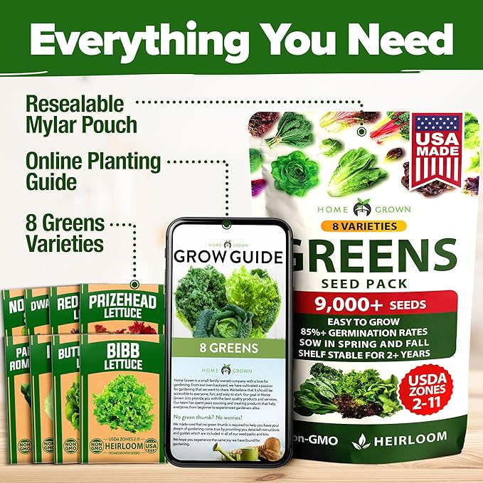 HOME GROWN Lettuce Seeds 8 Variety Mix 9000+ Bulk Pack Heirloom Non-GMO High Germination, Romaine, Bibb, Buttercrunch, Leafy Greens, Indoor Outdoor Hydroponic Garden, Cut & Come Again (Lactuca sativa)